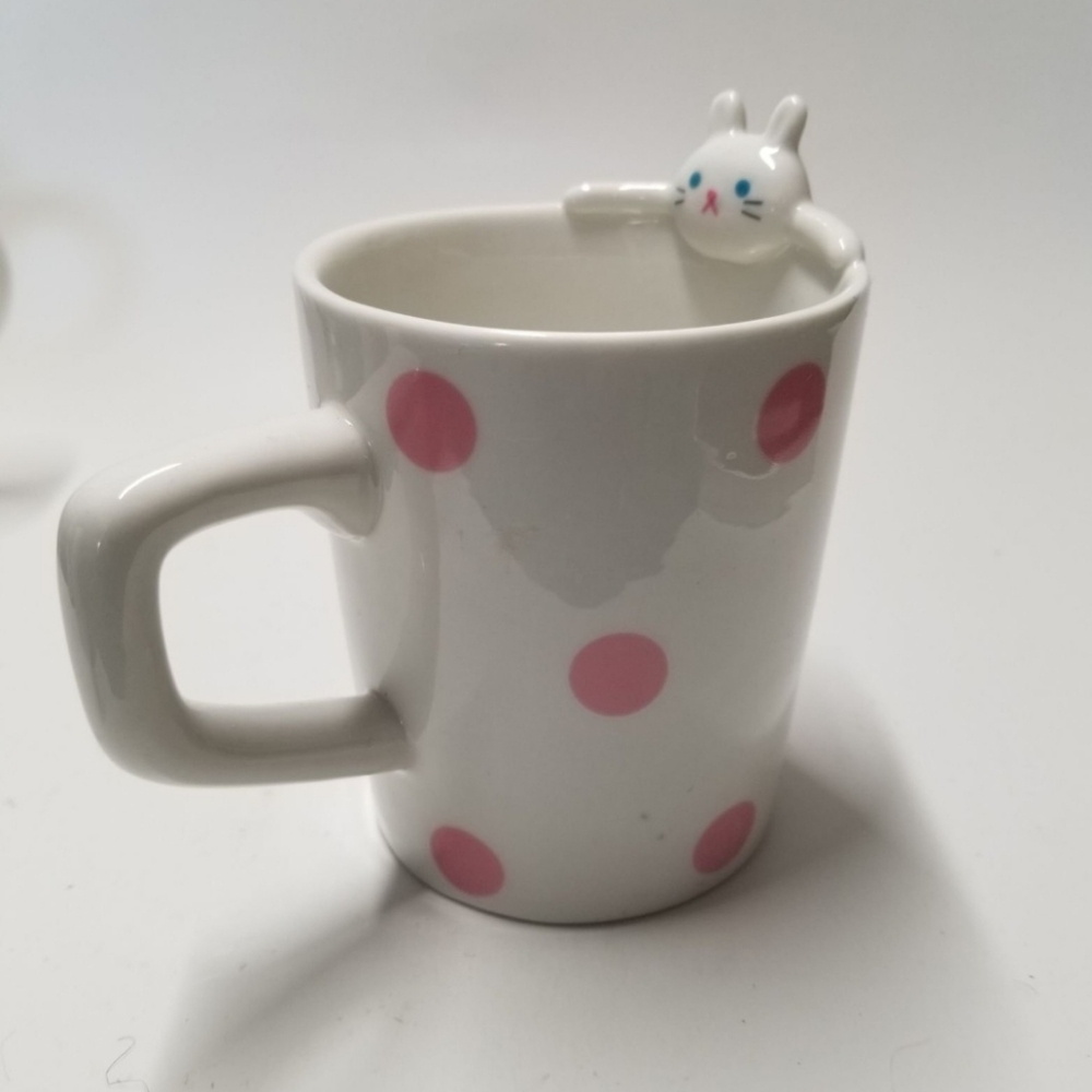 Peekaboo Bunny Child Mug Cup Cute Pink Polka Dots